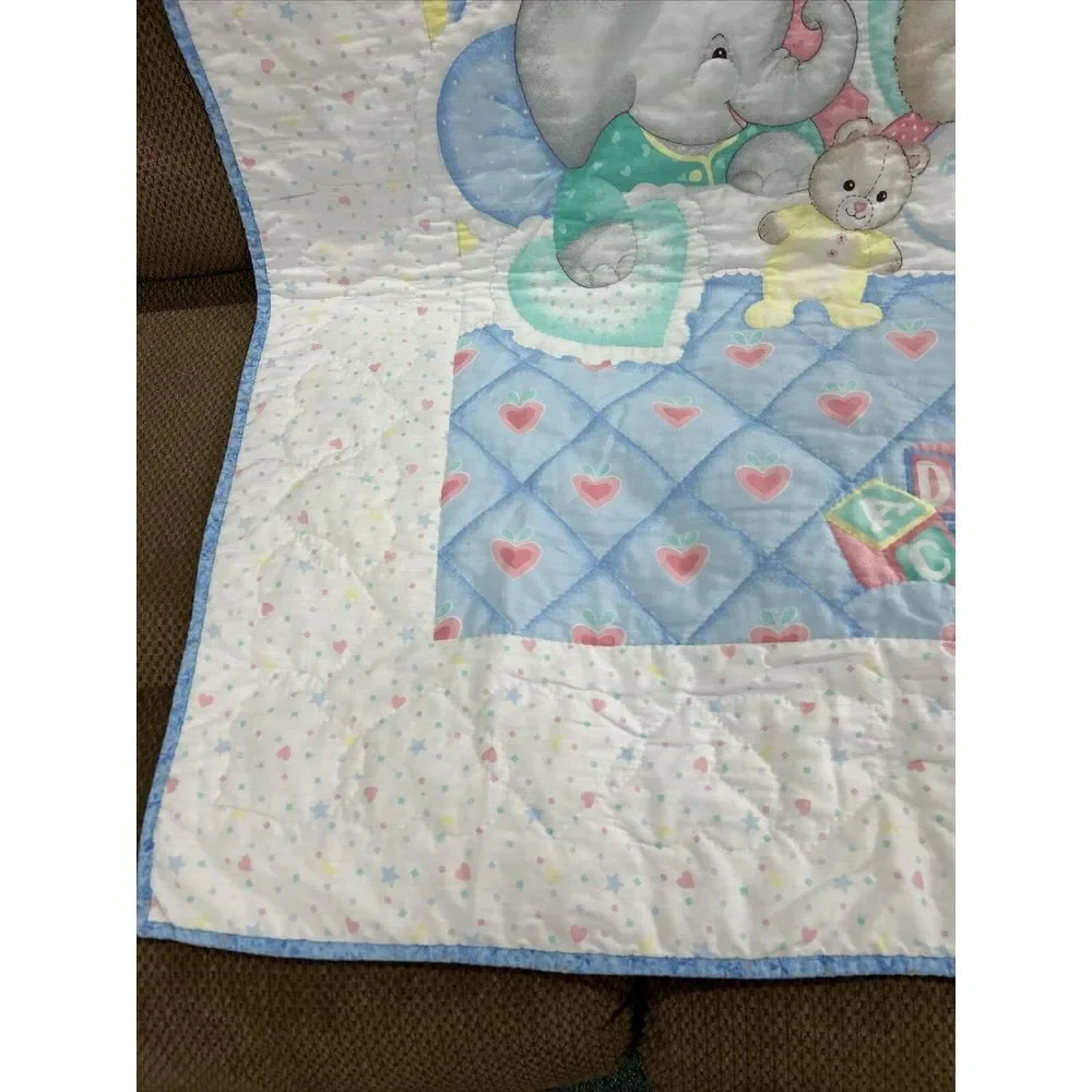 Grandma Handmade‎ Baby Quilt Bears Duck Blocks Elephant Blanket 33X42 Vintage